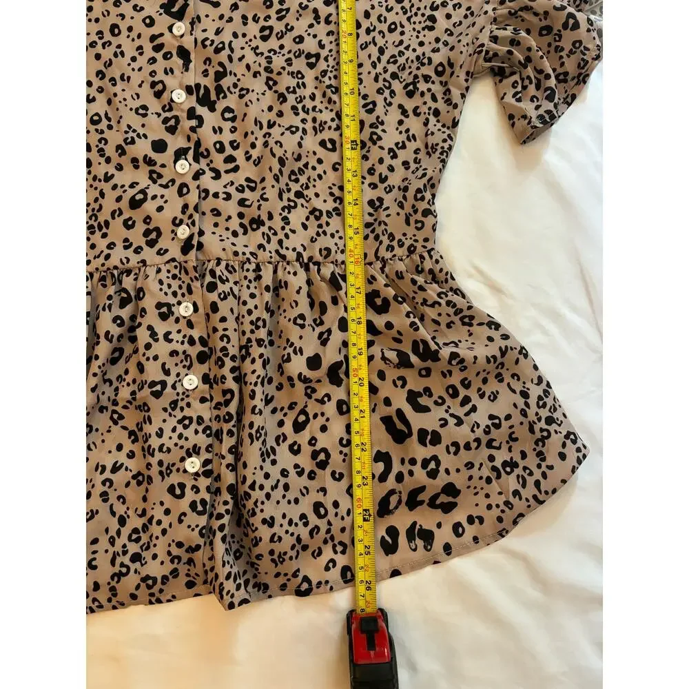SHEIN Leopard Cheetah Print Brown Black Short Sleeve Top Button-Up Peplum Mediun - Picture 6 of 8